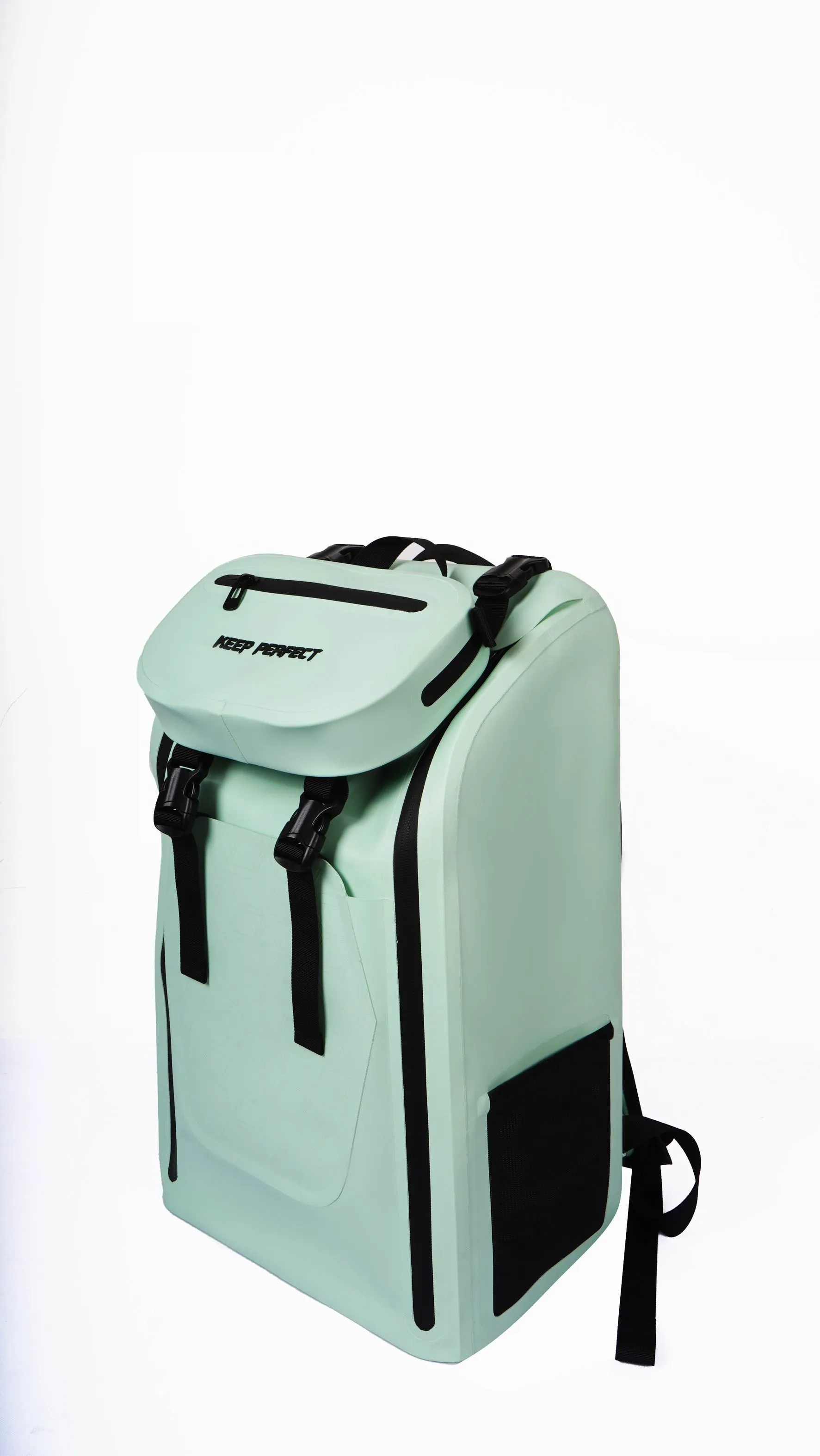 Waterproof hiking backpack on mountain trail, roll-top closure