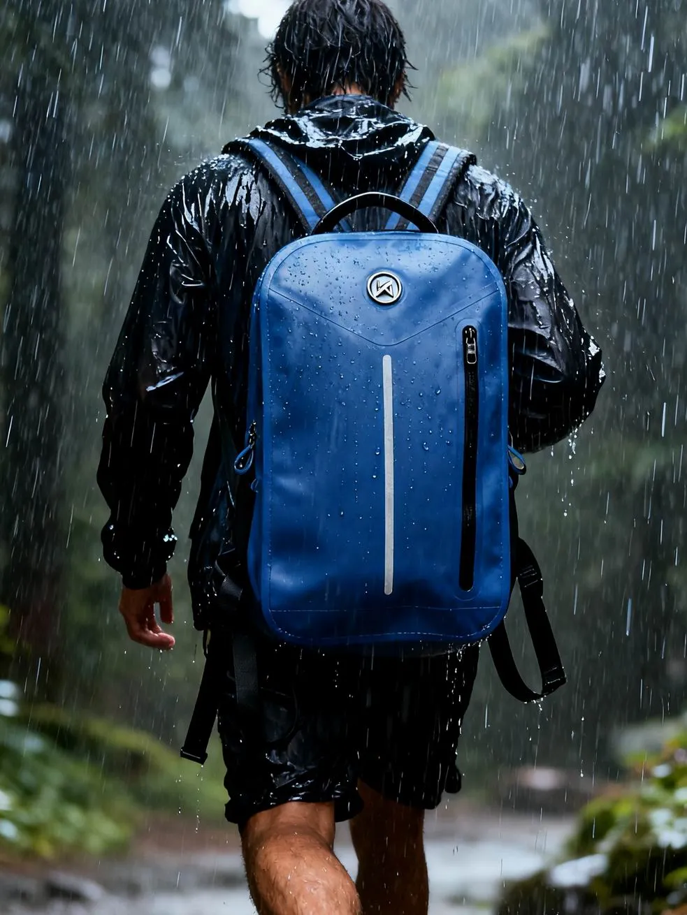Waterproof hiking backpack on mountain trail, roll-top closure
