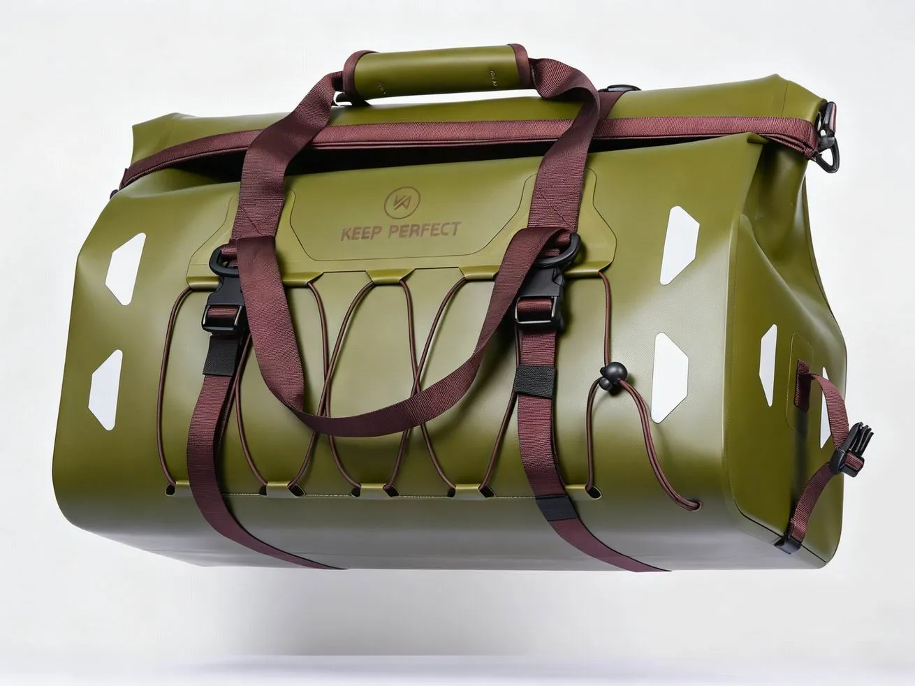 Roll-top dry bag in denier explained configuration, welded seams, studio product shot