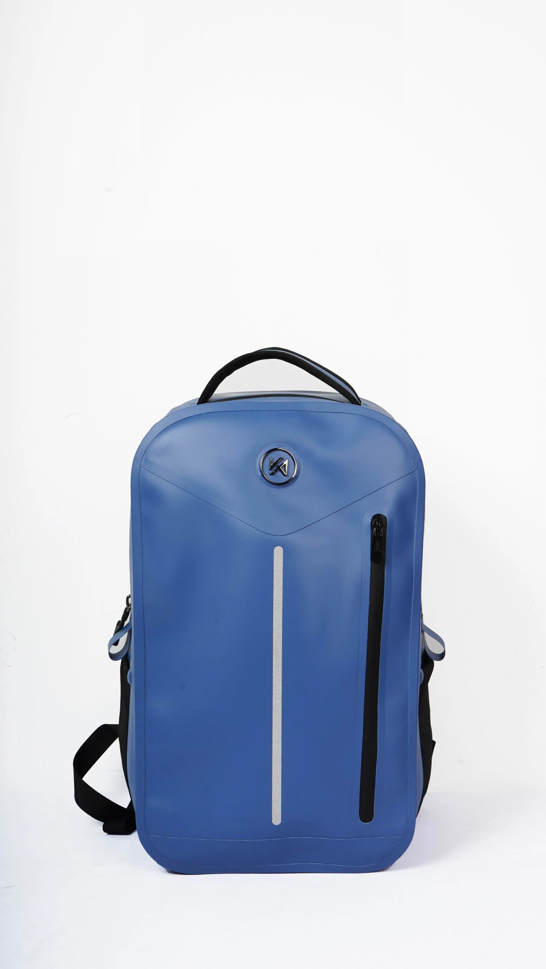 Waterproof hiking backpack on mountain trail, roll-top closure
